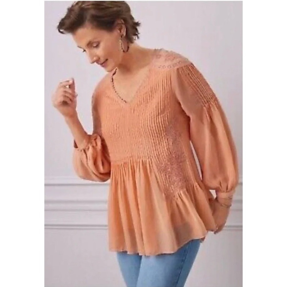Soft Surroundings Blouse Large Boho Peach Floral Embroidered Pleated Peplum Top